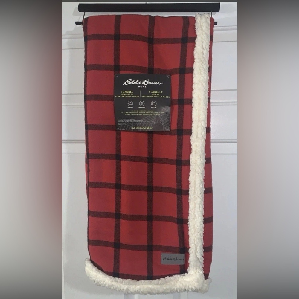 🎄🧑🎄 Eddie Bauer Green Black Buffalo Plaid Sherpa Throw Blanket Flannel NWT